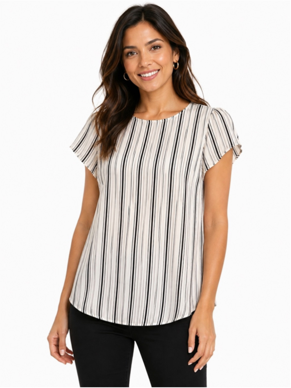 LOFT Striped Relaxed Fit Short Sleeve Blouse Top Cream Black Size S